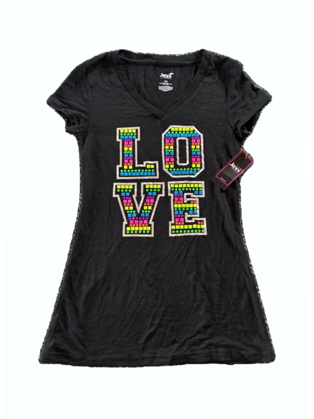 Jenni by Jennifer Moore Black V-Neck Tee with Multicolor LOVE Mosaic